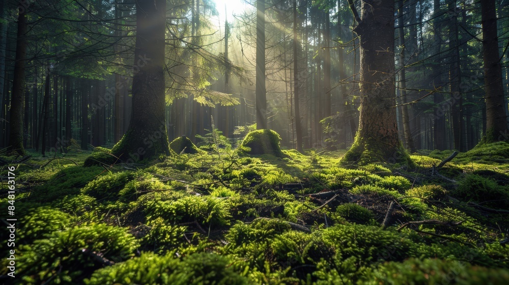 Naklejka premium Sunlight streams through a lush, green forest, illuminating the moss-covered ground and creating a tranquil, enchanting atmosphere.