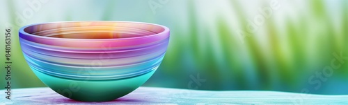 Iridescent metallic bowl with colorful gradients set against a soft, blurred natural background. Conceptual and artistic design.