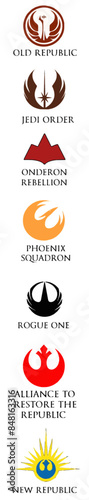 Star Wars symbols of the republic and Jedi over the eras.