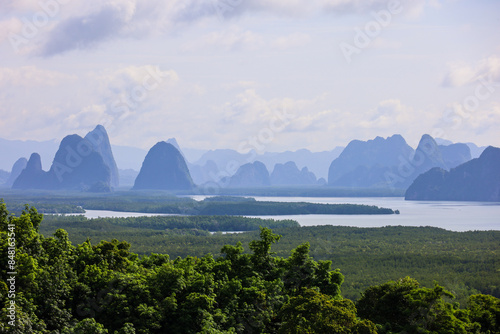 Fototapeta Naklejka Na Ścianę i Meble -  View to Phang Nga Bay in Thailand from the point of Samet Nangshe. Picturesque landscape with rock islands on sea coast