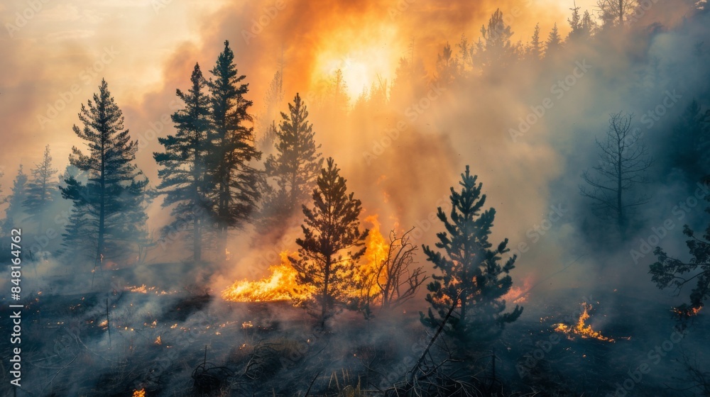 Wildfire Blazing Through Forest for Emergency Awareness Campaigns with Firefighters Battling Flames Wildfire Blazing Through Forest for Emergency Awareness Campaigns with Firefighters Battling Flames