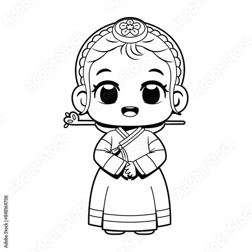 Vector Cute Girl Korean Hanbok Traditional Clothes Cartoon Character Illustration Isolated
