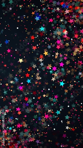 Hundreds of small colorful stars on a black background, creating a dazzling and vibrant effect. Ideal for festive occasions, celebrations, and decorative designs.