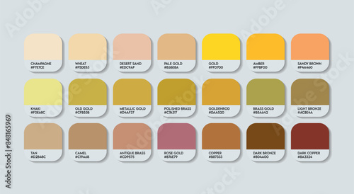 Trombone Color Palette, Trombone Color Guide Palette with Color Names. Catalog Samples of Trombone Colour with RGB HEX codes and Names. Trombone Colors Palette Vector, Fashion Trend Gold Color Palette