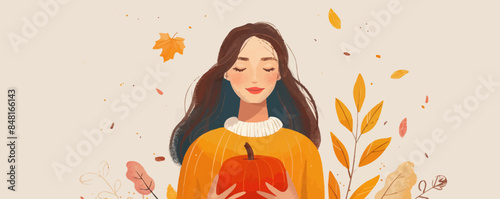 Autumn illustration with a cute girl holding pumpkin. Cozy seasonal vector art with a beautiful young woman for fall, Thanksgiving holidays, Halloween. Vector flat minimalistic isolated illustration