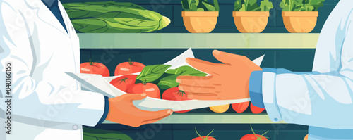 Photo of a senior man discussing his dietary needs with a nutritionist with a close up on their hands and the diet plan emphasizing personalized nutrition advice Vector flat 