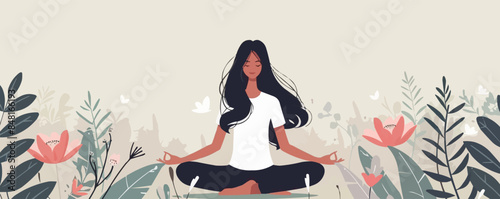 Meditating woman. Beautiful young girl practicing meditation, doing yoga, sitting in lotus pose. Relaxation, tranquility, balance concept. Vector flat minimalistic isolated illustration