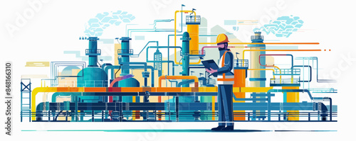 Image of engineer inspecting piping and analysis data Vector flat minimalistic isolated illustration