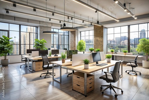 Sleek and open office layout with minimalist workstations, bathed in natural light