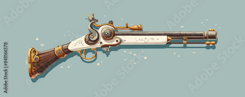 Vintage steampunk musket with engravings, copper fittings, and wooden handle. Vector flat minimalistic isolated illustration
