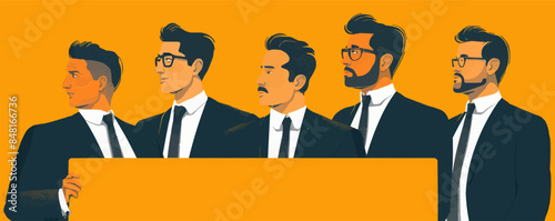 Pop art businessmen presentation holding showing Vector flat minimalistic isolated illustration