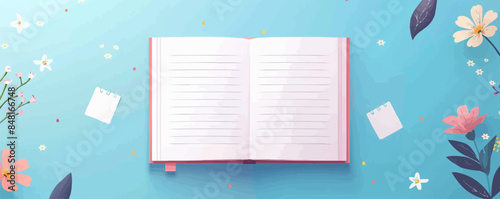 Open diary, blank notebook. Cute pink notepad with stickers, notes, flowers. Top view of a diary on the desk. Workbook for school, planner, personal organizer. Vector flat 