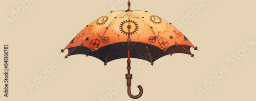 Archaic steampunk umbrella with a copper frame, mechanical gears, and antique ornamentation. Vector flat minimalistic isolated illustration