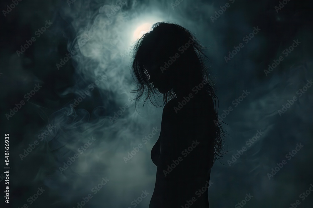 mysterious woman silhouette in dark aesthetic backdrop moody conceptual portrait mysterious woman silhouette in dark aesthetic backdrop moody conceptual portrait