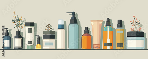 Cosmetics packaging, containers, bottles set. Collection of skin and body care products. Natural organic cream, lotion, oil, scrub for skincare. Vector flat minimalistic