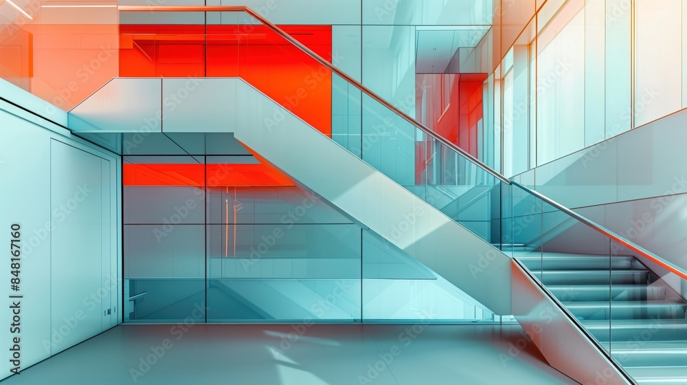 Modern interior of a building with glass walls and a sleek staircase, highlighted by vibrant orange and blue lighting. Contemporary architecture and design concept. Modern interior of a building with glass walls and a sleek staircase, highlighted by vibrant orange and blue lighting. Contemporary architecture and design concept.