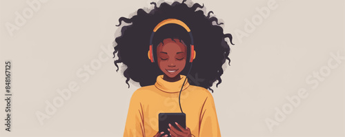Beautiful young black girl in headphones listening to favorite music on smartphone and smiling. Melomaniac, music lover, fan. Woman enjoying songs in headphones. Vector flat minimalistic isolated