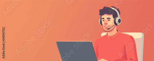 Customer service, call center, sales rep. Helpdesk operator with a laptop, technical support agent talking in headset. Vector flat minimalistic isolated