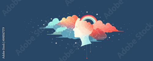 Mental health, psychology concept. Human head with sky, clouds and rainbow. Psychological wellness, positive thinking, creativity, emotions. Vector flat minimalistic isolated illustration