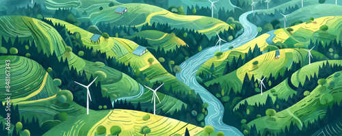 Landscape green with windmills and rivers, green energy, electricity generation, eco-concept, top view. vector simple illustration