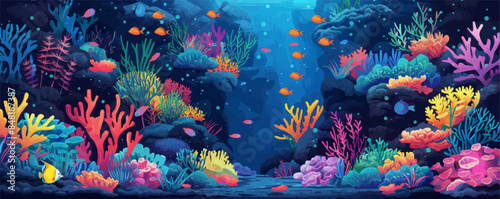 Tropical reef with vibrant corals, colorful fish, and hidden caves. Vector flat minimalistic isolated illustration.
