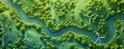 Landscape green with windmills and rivers, green energy, electricity generation, eco-concept, top view. vector simple illustration
