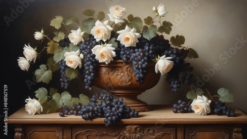 Wallpaper Mural Classic Still Life with Grapes and White Roses, Vintage Art Style Torontodigital.ca