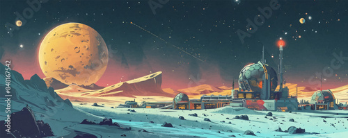 Futuristic space colony on a distant moon, with biodomes, solar panels, and advanced technology. Vector flat minimalistic isolated illustration