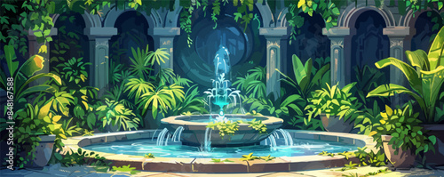 Enchanted garden courtyard with a bubbling fountain, lush greenery, and intricate tile patterns. Vector flat minimalistic isolated illustration.