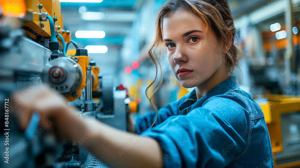 Confident Female Engineer Operating Machinery in Industrial Environment Confident Female Engineer Operating Machinery in Industrial Environment