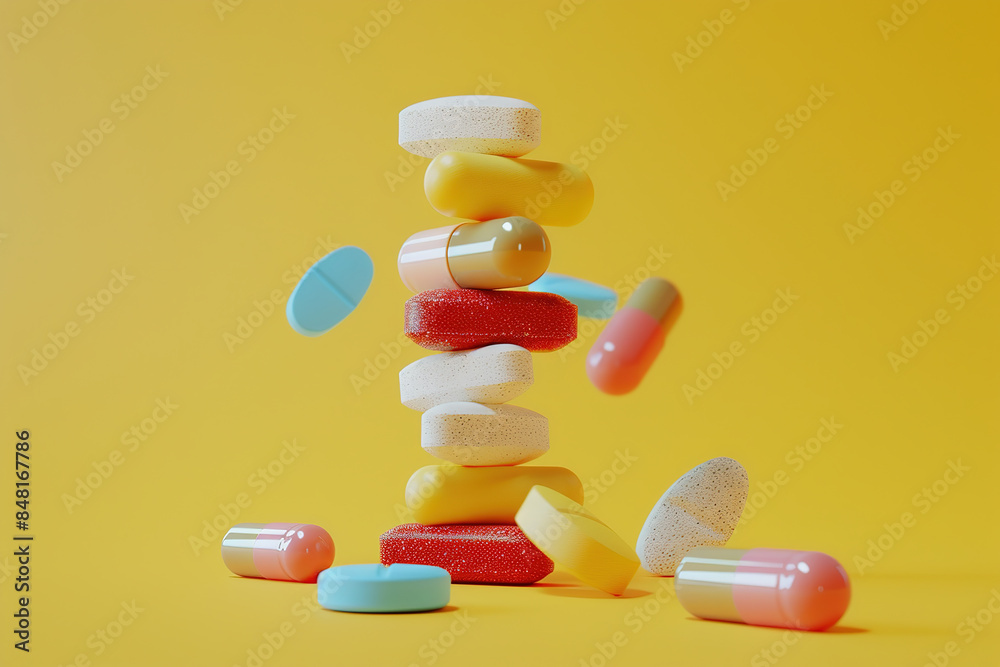 Generics, pills and tablets in a stack on yellow background. Pharmaceuticals Generics, pills and tablets in a stack on yellow background. Pharmaceuticals