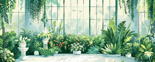 Enchanted garden conservatory filled with exotic plants, hanging vines, and whimsical sculptures. Vector flat minimalistic isolated illustration