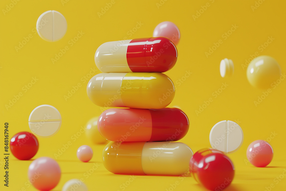 Generics, pills and tablets in a stack on yellow background. Pharmaceuticals Generics, pills and tablets in a stack on yellow background. Pharmaceuticals