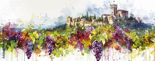 Vineyard on the background of medieval castle. Watercolor style. vector simple illustration