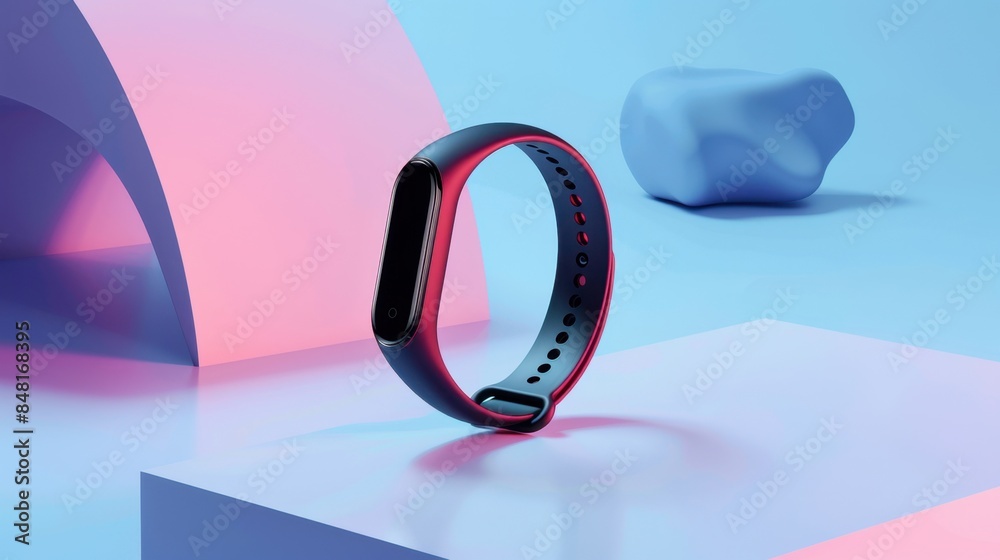 A high-tech fitness tracker with a minimalist band, displayed on a clear background with muted pastel gradients, highlighting its sleek design and functionality. A high-tech fitness tracker with a minimalist band, displayed on a clear background with muted pastel gradients, highlighting its sleek design and functionality.