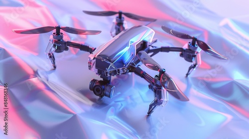 A high-tech drone with a sleek design, displayed on a clear background with light iridescent patterns, highlighting its cutting-edge features and modern aesthetics. 