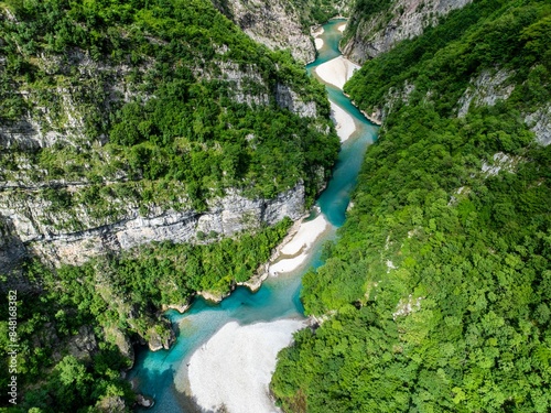 Aerial image of Shala River canyon and the clear blue waters in northern Albania.  photo