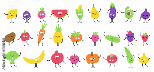 Vector collection of funny vegetables and fruits with eyes and cute faces, hand-drawn in the style of doodles