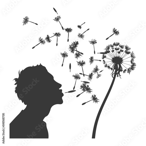 Silhouette Blowing Dandelion Seeds - Whispering Wishes, Ephemeral Moment, Graphic Design Element