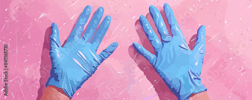 Putting on blue protective latex gloves on human hands. Coronavirus prevention concept., Protection against Covid-19, viruses and bacteria. Vector flat minimalistic isolated