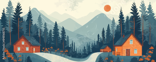Tranquil mountain retreat with cozy log cabins nestled among pine trees. Vector flat minimalistic isolated illustration