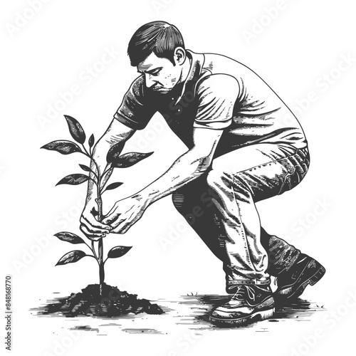 Etched Hope: Man Planting Sapling, Detailed Vector Illustration, Conservation Effort, New Growth.