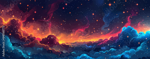 Dreamy celestial realm with shimmering constellations, nebulae, and celestial bodies. Vector flat minimalistic isolated illustration.