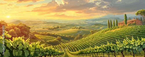 Toscana , vineyard, pastoral scene , Sunrice Landscape. vector simple illustration