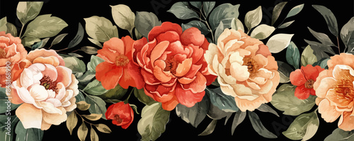 Delicate floral watercolor pattern, floral design for textile and background, watercolor peony flowers and green leaves, soft colors, boho style on black background, floristic vintage. vector simple