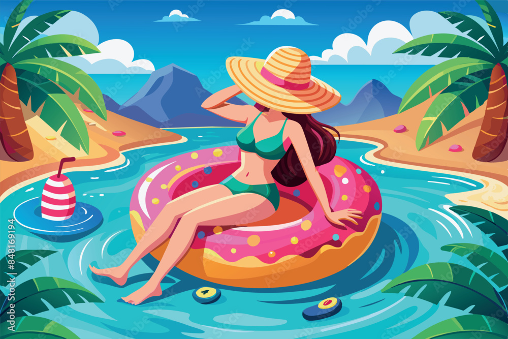 a girl in a swimsuit sitting on a donut-shaped inflatable circle in the water, probably in a swimming pool. Mountains and palm trees can be seen all around. She is wearing a wide-brimmed hat a girl in a swimsuit sitting on a donut-shaped inflatable circle in the water, probably in a swimming pool. Mountains and palm trees can be seen all around. She is wearing a wide-brimmed hat