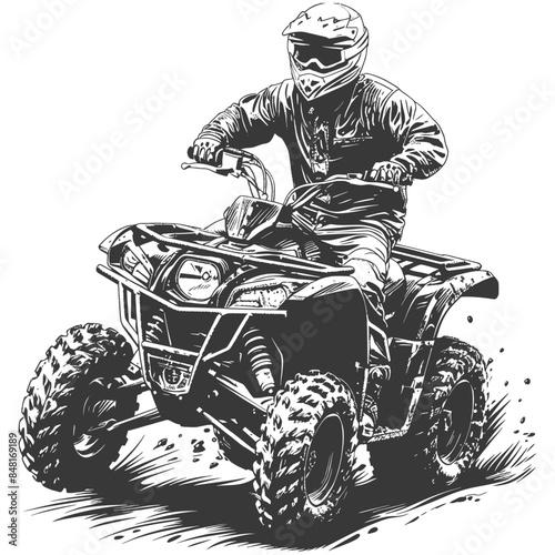Monochrome ATV Rider: Action Sport Thrill, Protective Gear, Off-Road Adventure Illustration.