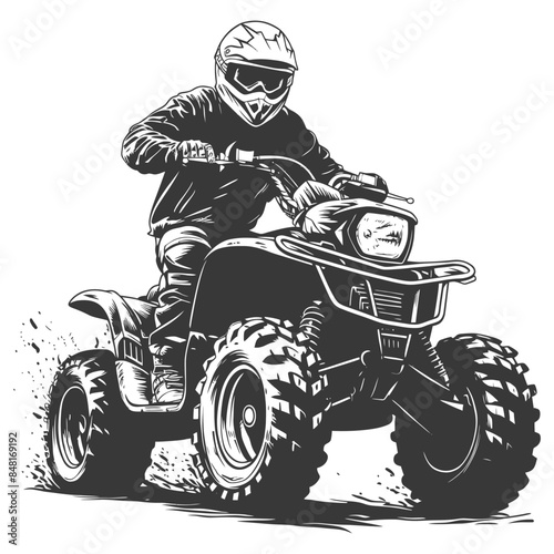 Monochrome ATV Rider: Helmeted Figure Powering Through Rough Terrain, Extreme Sport Graphic.