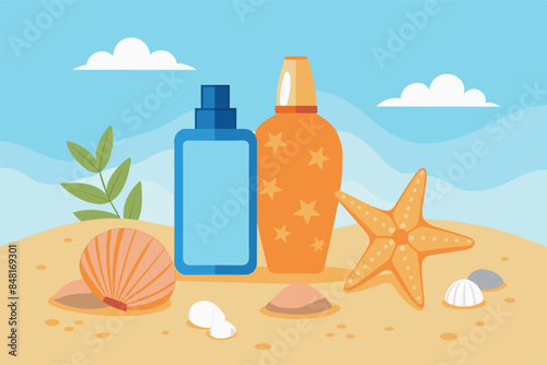 a bottle of sunscreen, two starfish and a seashell. The background alludes to a sandy beach with a clear sky.The theme presents common items related to beach fun and sun protection for the skin.