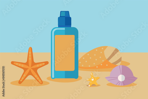 a bottle of sunscreen, two starfish and a seashell. The background alludes to a sandy beach with a clear sky.The theme presents common items related to beach fun and sun protection for the skin.